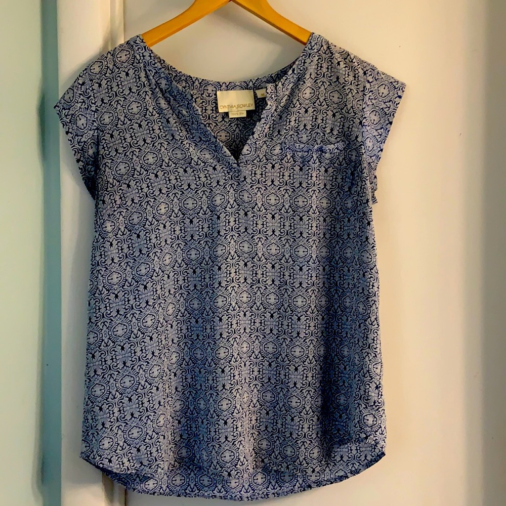 Cynthia Rowley Silk Blue White Ikat Print Blouse